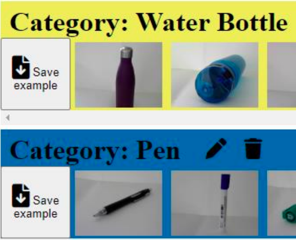 Screenshot of examples images for Water bottle and Pens in a Machine Learning system