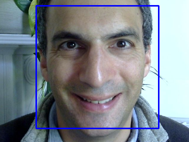 A poto of a human face with a blue rectangle overlaid, idnicating the extent of the face
