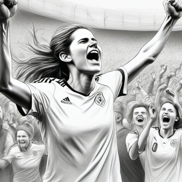 AI-generated pencil sketch of a female footballer celebrating in front of a crowd