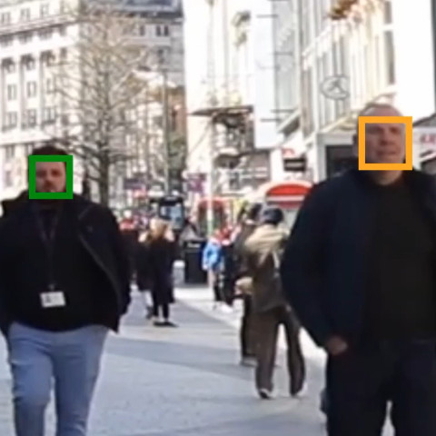 Photo of two men walking along a busy street, with their faces bounded by green and orange boxes