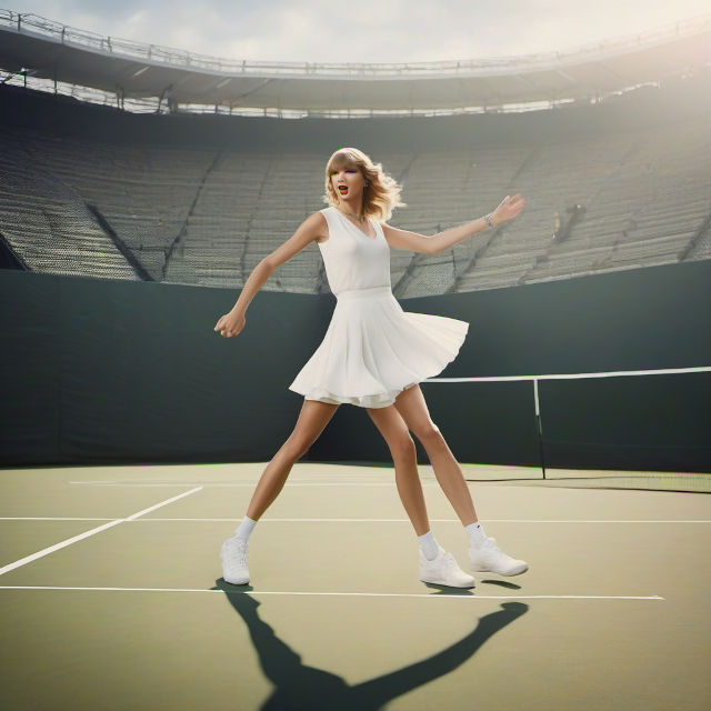 AI-generated photo of Taylor Swift dancing on a tennis court, but shown with three legs