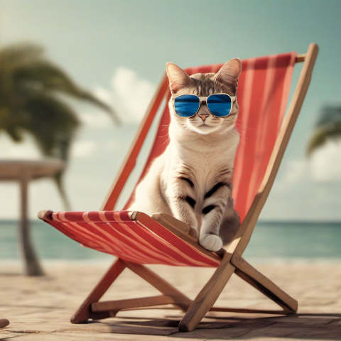 AI generated photo of a cat wearing sunglasses, sitting in a deckchair
